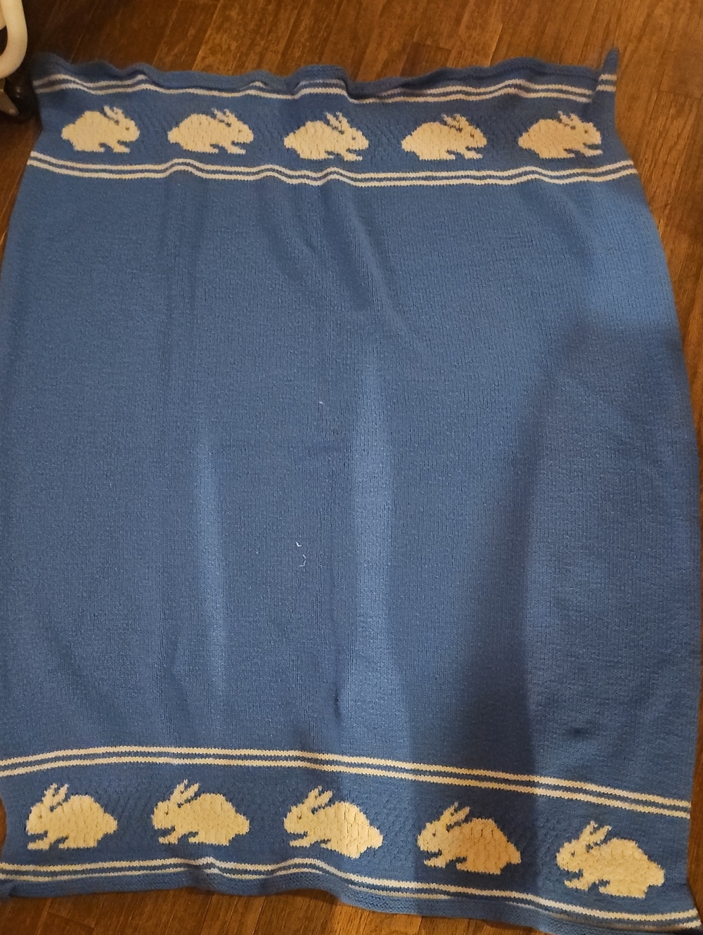 Vintage Hand Knitted Blue Bunny Baby Blanket